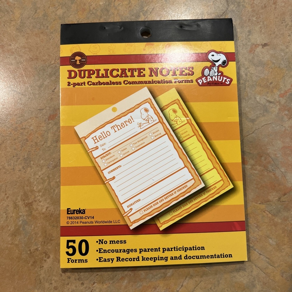 Back To School Eureka Peanuts  Snoopy Duplicate Notes 4" x 6"  50 Forms/Pad